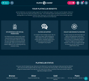 Platin Casino desktop PlatinClub benefits screenshot showing VIP features and rewards – tested