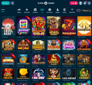 Platin Casino desktop slots screenshot showing featured games and slot categories – tested