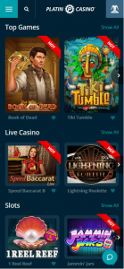 Platin Casino mobile games collection screenshot showing available game types – tested