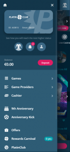 Platin Casino mobile PlatinClub benefits screenshot displaying loyalty rewards – tested