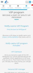 Wolfy Casino mobile layout screenshot showing navigation and featured categories – tested