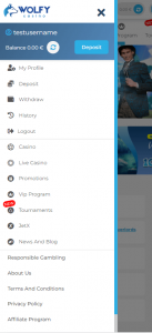 Wolfy Casino mobile layout screenshot 2 showing navigation and featured categories – tested