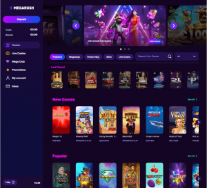 MegaRush Casino desktop featured games screenshot showing popular titles – tested