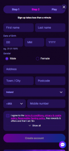 MegaRush Casino mobile registration step 2 screenshot showing personal info entry – tested