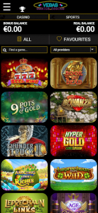Vegas Mobile Casino mobile screenshot showing selection of slot games (pokies) - tested