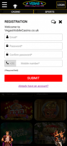 Vegas Mobile Casino mobile registration step 1 screenshot showing required fields – tested