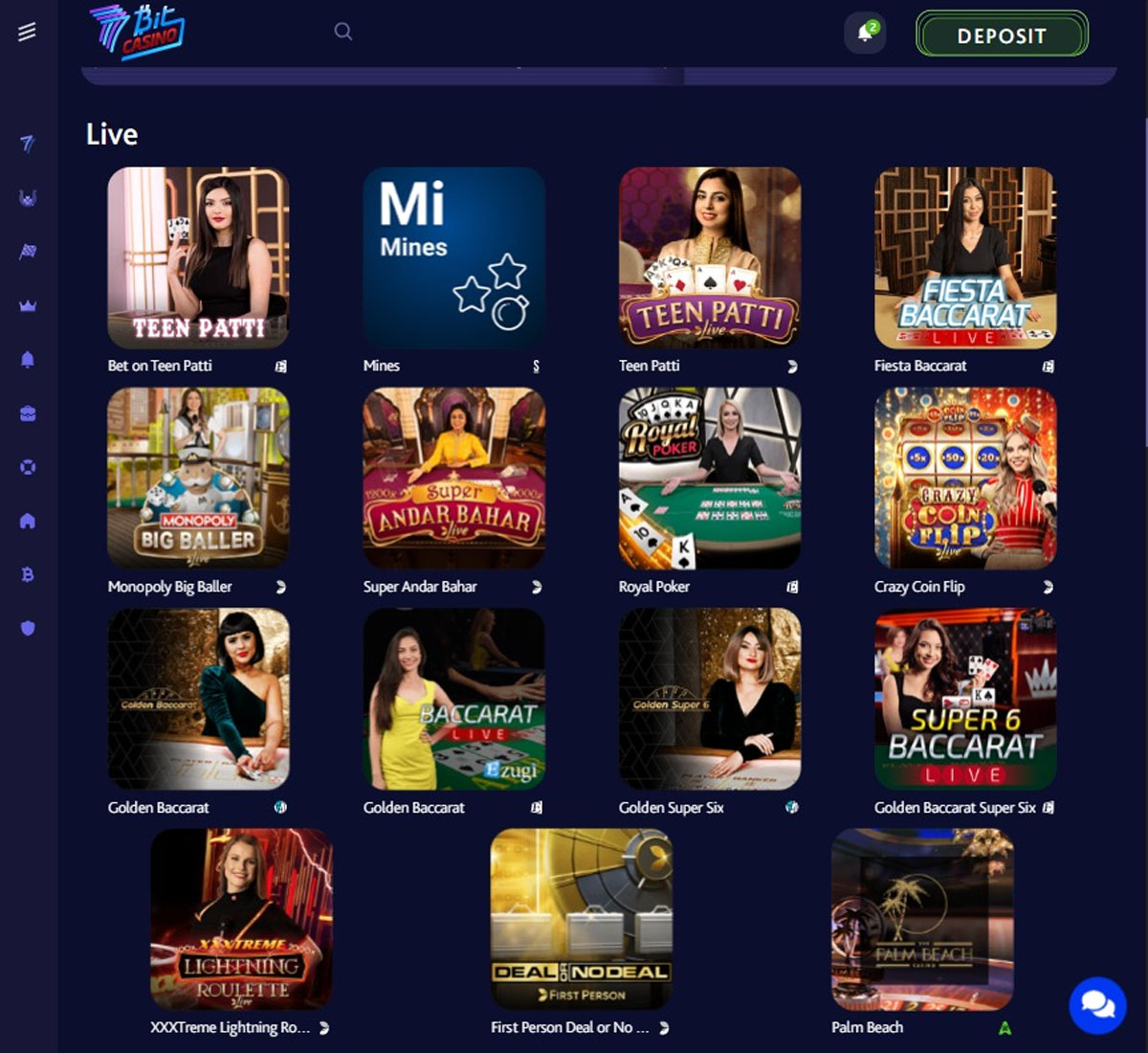7Bit Casino desktop live dealer games collection screenshot showing blackjack, roulette, and baccarat tables – tested