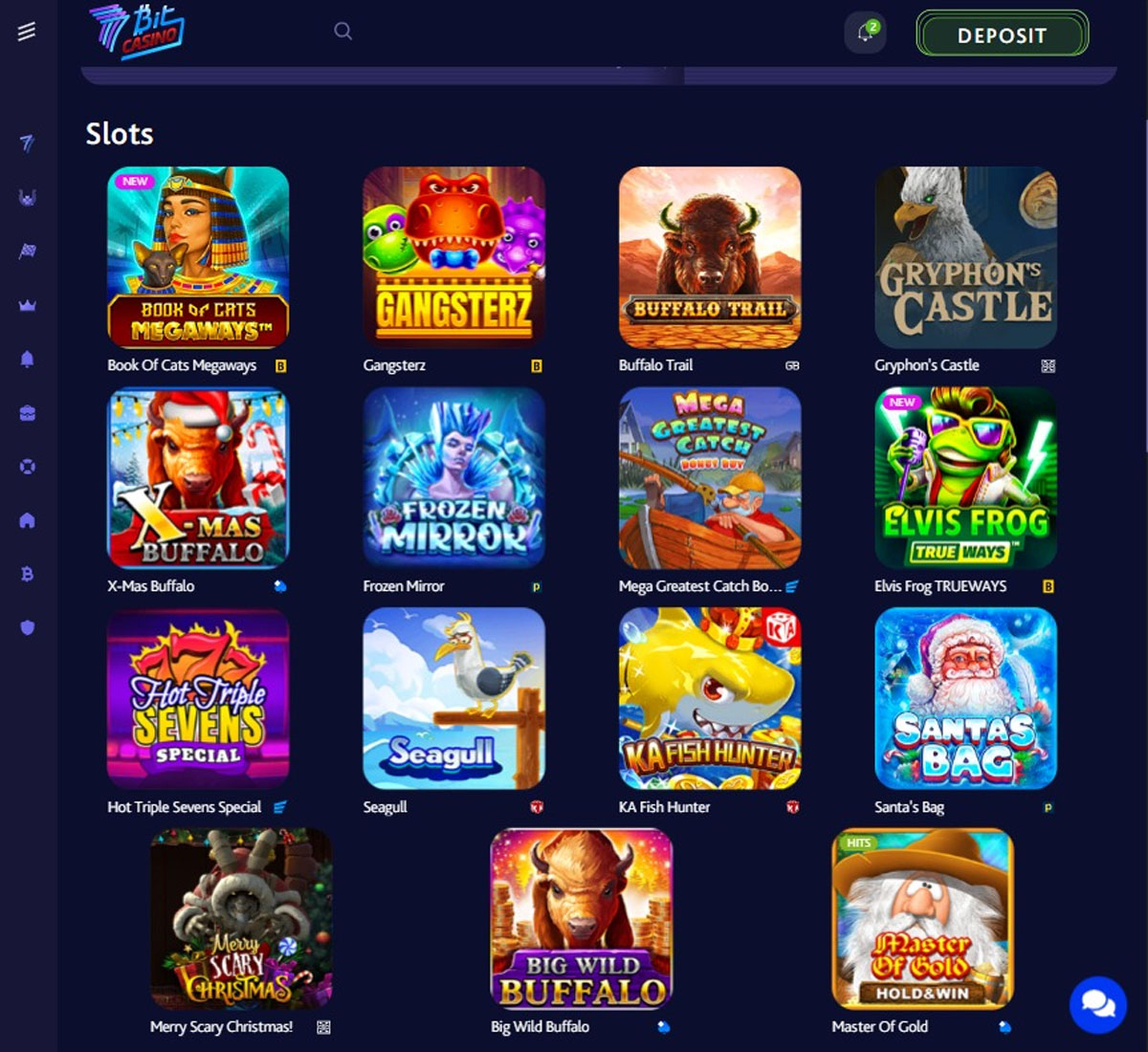 7Bit Casino desktop slots variety screenshot showing top slot games, jackpots, and trending titles – tested