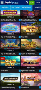 BoyleSports Casino mobile interface screenshot showing slots lobby with featured games and category navigation on smartphone screen – tested