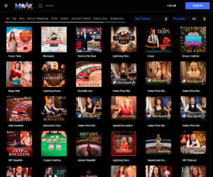 Mirax Casino desktop live casino preview screenshot displaying table categories – tested