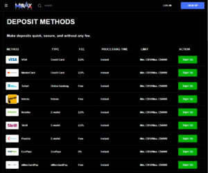 Mirax Casino desktop payment methods screenshot showing deposit options – tested