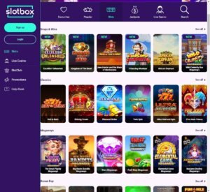 Slotbox Casino desktop slots preview screenshot showing slot categories and featured titles – tested
