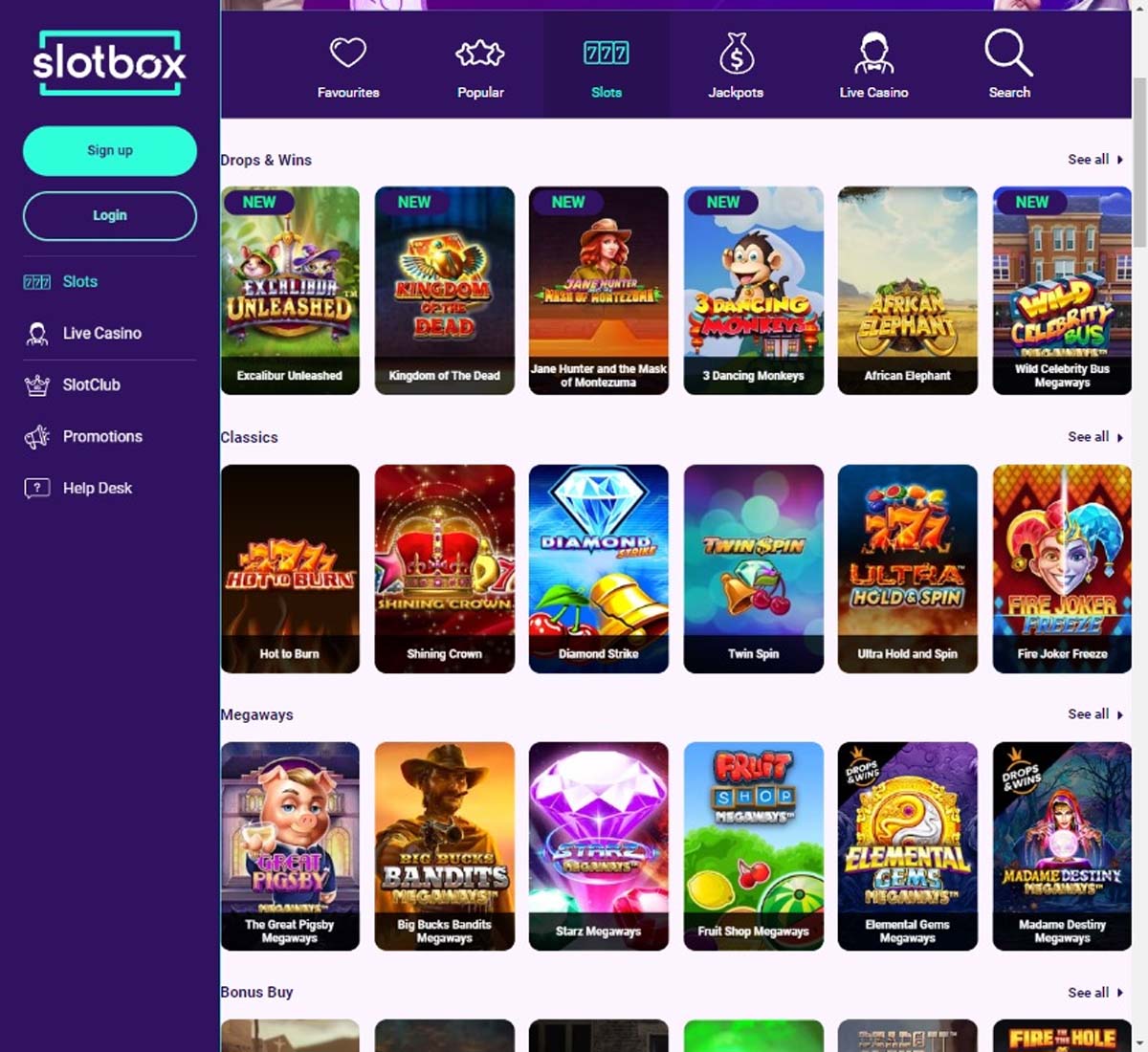 Slotbox Casino desktop slots preview screenshot showing slot categories and featured titles – tested