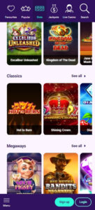 Slotbox Casino mobile slots preview screenshot showing game grid and categories – tested