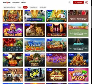 Magic Red Casino desktop slots screenshot showing featured games, categories and navigation – tested