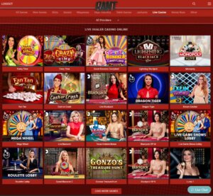 Rant Casino desktop live casino screenshot showing roulette, blackjack, and baccarat tables - tested