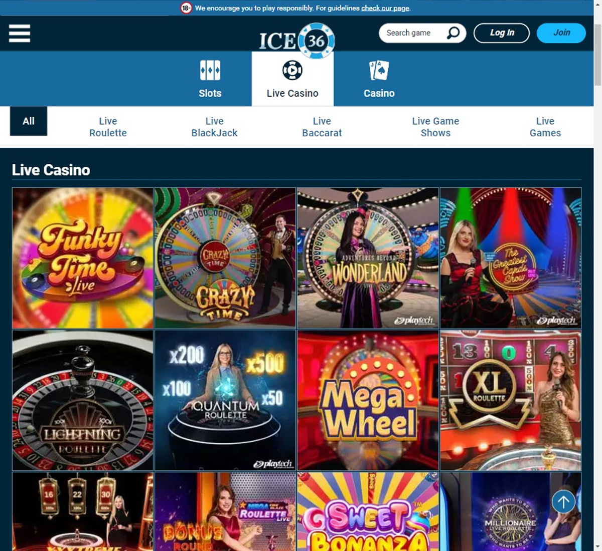 Ice36 Casino desktop live casino screenshot showing featured titles – tested