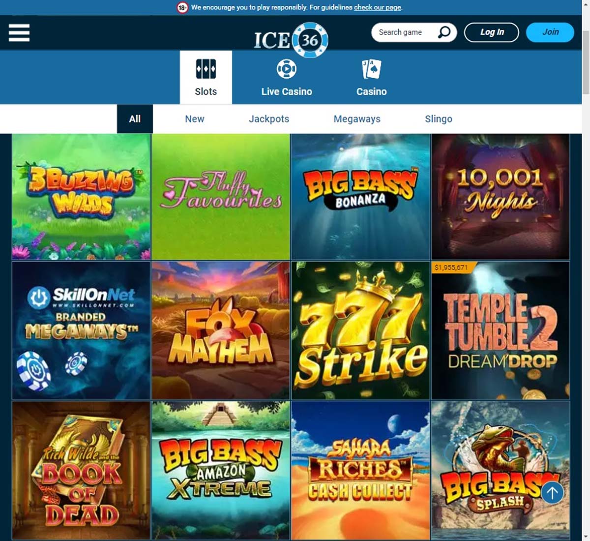 Ice36 Casino desktop slots preview screenshot with game thumbnails – tested