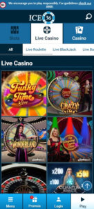 Ice36 Casino mobile live casino preview screenshot with game thumbnails – tested