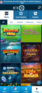 Ice36 Casino mobile slots preview screenshot with game thumbnails – tested