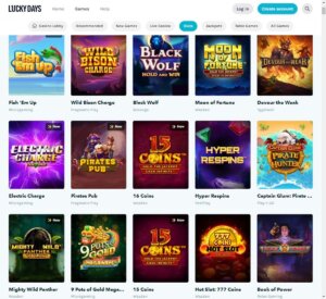 Lucky Days Casino desktop slots preview screenshot showing categories and top games – tested