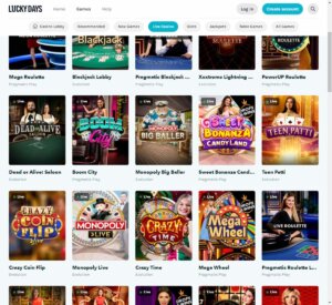 Lucky Days Casino desktop live casino preview screenshot showing roulette and blackjack tables – tested