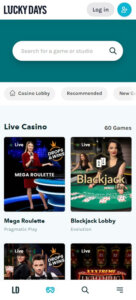 Lucky Days Casino mobile live casino preview screenshot displaying dealer tables – tested