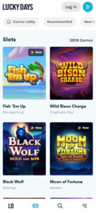 Lucky Days Casino mobile slots preview screenshot showing featured slot machines – tested