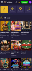 PlayFina Casino mobile live casino games screenshot showing blackjack, roulette, and live dealer options - tested