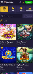 Playfina Casino mobile slots preview screenshot showing slot grid – tested