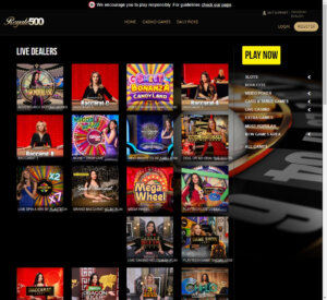 Royale500 Casino desktop interface screenshot showing live casino games including roulette, blackjack, and baccarat - tested