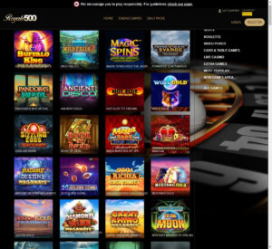 Royale500 Casino desktop interface screenshot showing slot games selection and gameplay - tested
