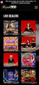 Royale500 Casino mobile interface screenshot showing live casino games including blackjack, roulette, and baccarat - tested
