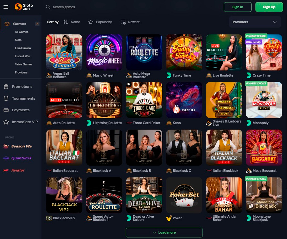 SlotoZen Casino desktop live casino games collection screenshot showing blackjack, roulette, and baccarat tables   tested