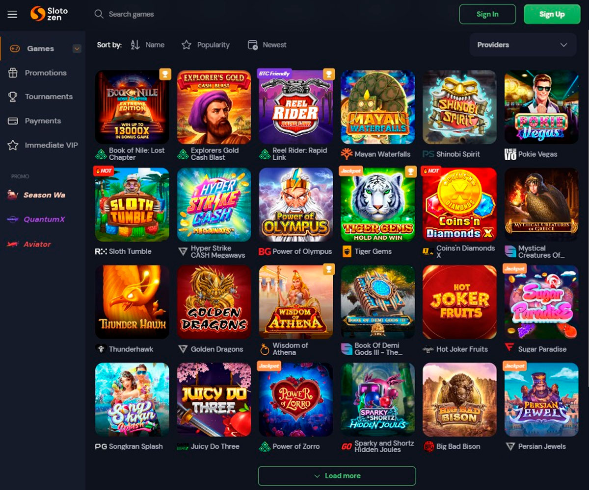 SlotoZen Casino desktop pokies screenshot showing variety of popular slot games and jackpots   tested