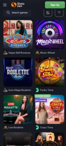 SlotoZen Casino mobile live casino games screenshot displaying blackjack, roulette, and baccarat tables - tested
