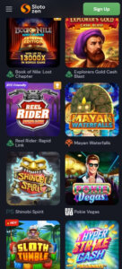 SlotoZen Casino mobile pokies screenshot displaying top slot games and featured jackpots - tested