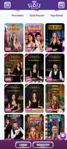 SlotsPalace Casino mobile live casino preview screenshot showing dealer tables – tested