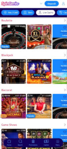 Spin-Genie Casino mobile interface screenshot showing live dealer games collection including blackjack and roulette - tested