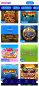 Spin-Genie Casino mobile interface screenshot showing slot games collection - tested