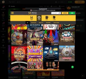 Mega Casino desktop interface screenshot showing live dealer games including blackjack, roulette, and baccarat - tested
