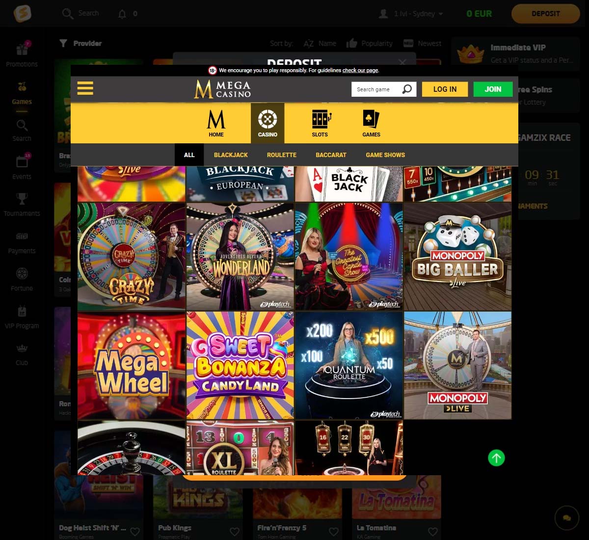 Mega Casino desktop interface screenshot showing live dealer games including blackjack, roulette, and baccarat   tested