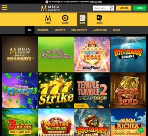Mega Casino desktop interface screenshot showing a wide variety of slot games - tested