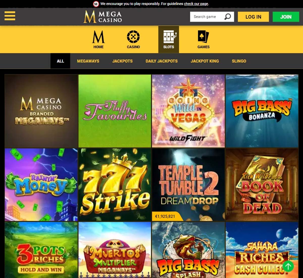 Mega Casino desktop interface screenshot showing a wide variety of slot games   tested