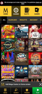 Mega Casino mobile interface screenshot showing live dealer games collection including blackjack, roulette, and baccarat - tested
