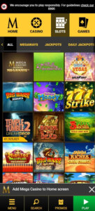 Mega Casino mobile interface screenshot showing selection of slot games with thumbnails - tested