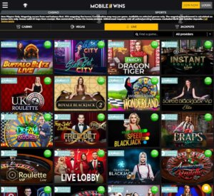 Mobile Wins Casino desktop live dealer games screenshot displaying tables including blackjack, roulette and baccarat – tested