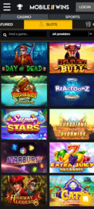Mobile Wins Casino mobile slots screenshot showing featured games, categories and navigation on smartphone screen – tested