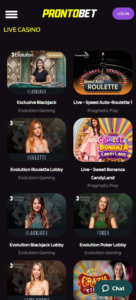 ProntoBet Casino mobile live casino preview screenshot showing dealer games list – tested