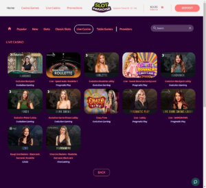 Slot Paradise Casino desktop live casino screenshot showing roulette, blackjack, and baccarat tables with live dealers - tested